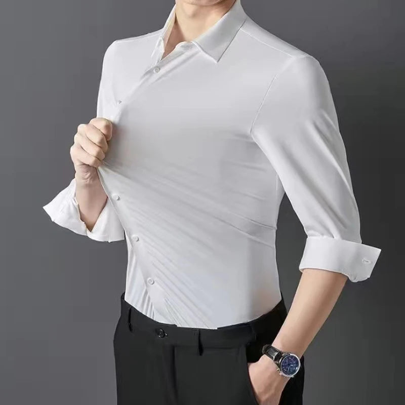 Men's shirt High elastic and traceless spring and autumn 2024 cotta new long-sleeved  slim spandex non-ironing business leisure