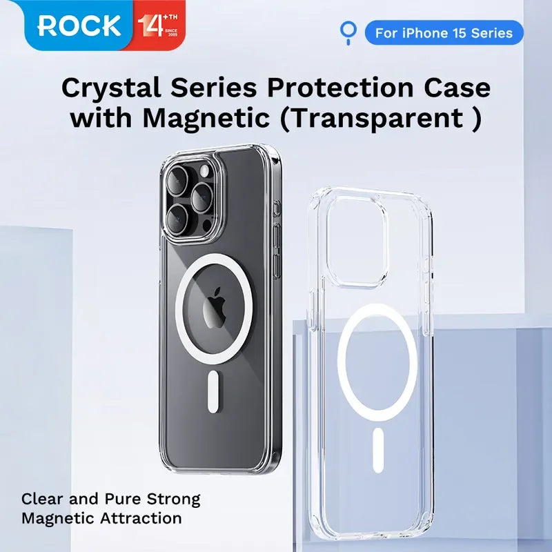 For iPhone 15 Pro Max Case Rock Space Magnetic Crystal Clear PC+TPU Anti-Scratch Transparent Cover For Magsafe for iPhone 15 Pro