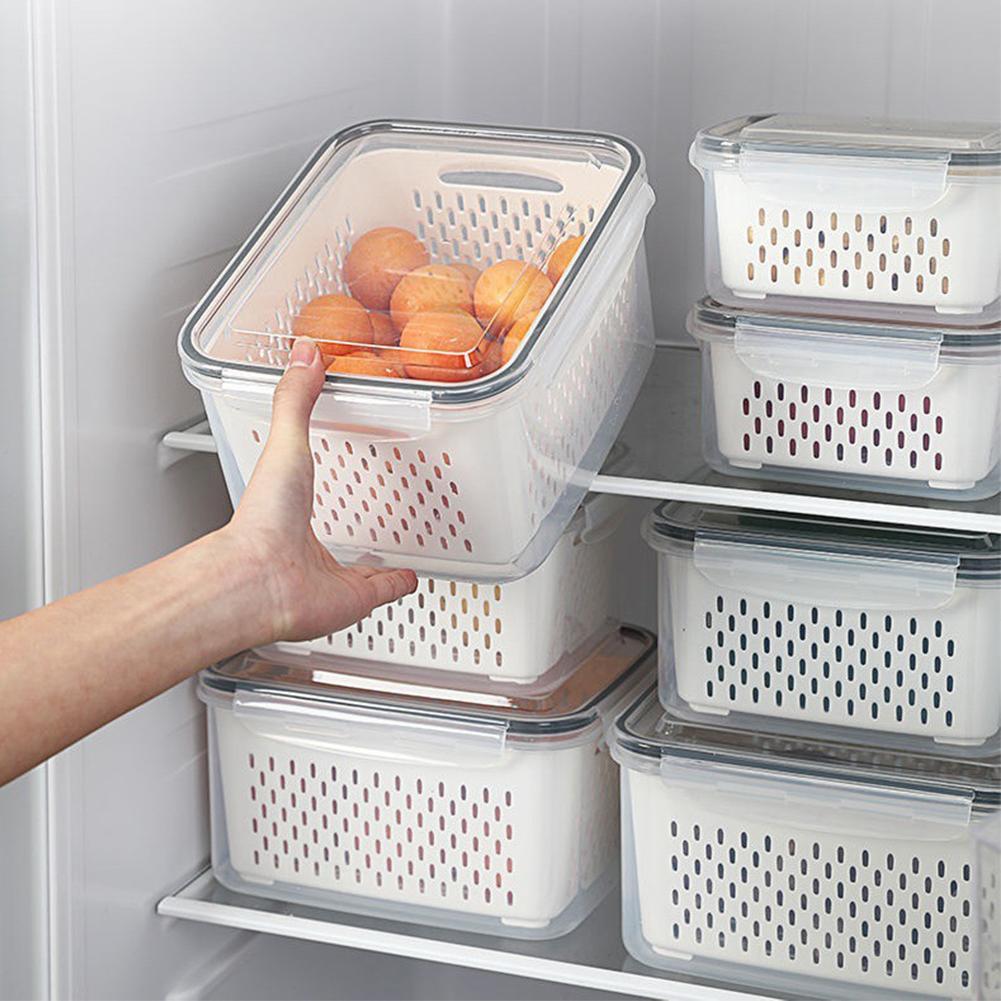 Vegetable and Fruit Refrigerator Storage Container with Drain Basket - Kitchen Pantry Organizer