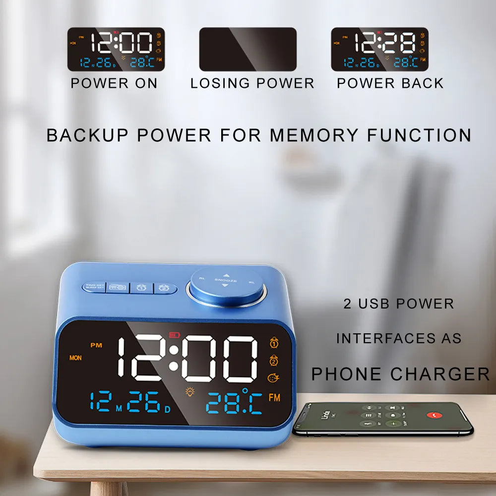 Mordern FM Radio LED Alarm Clock for Bedside Wake Up. Digital Table Calendar with Temperature Thermometer Humidity Hygrometer.