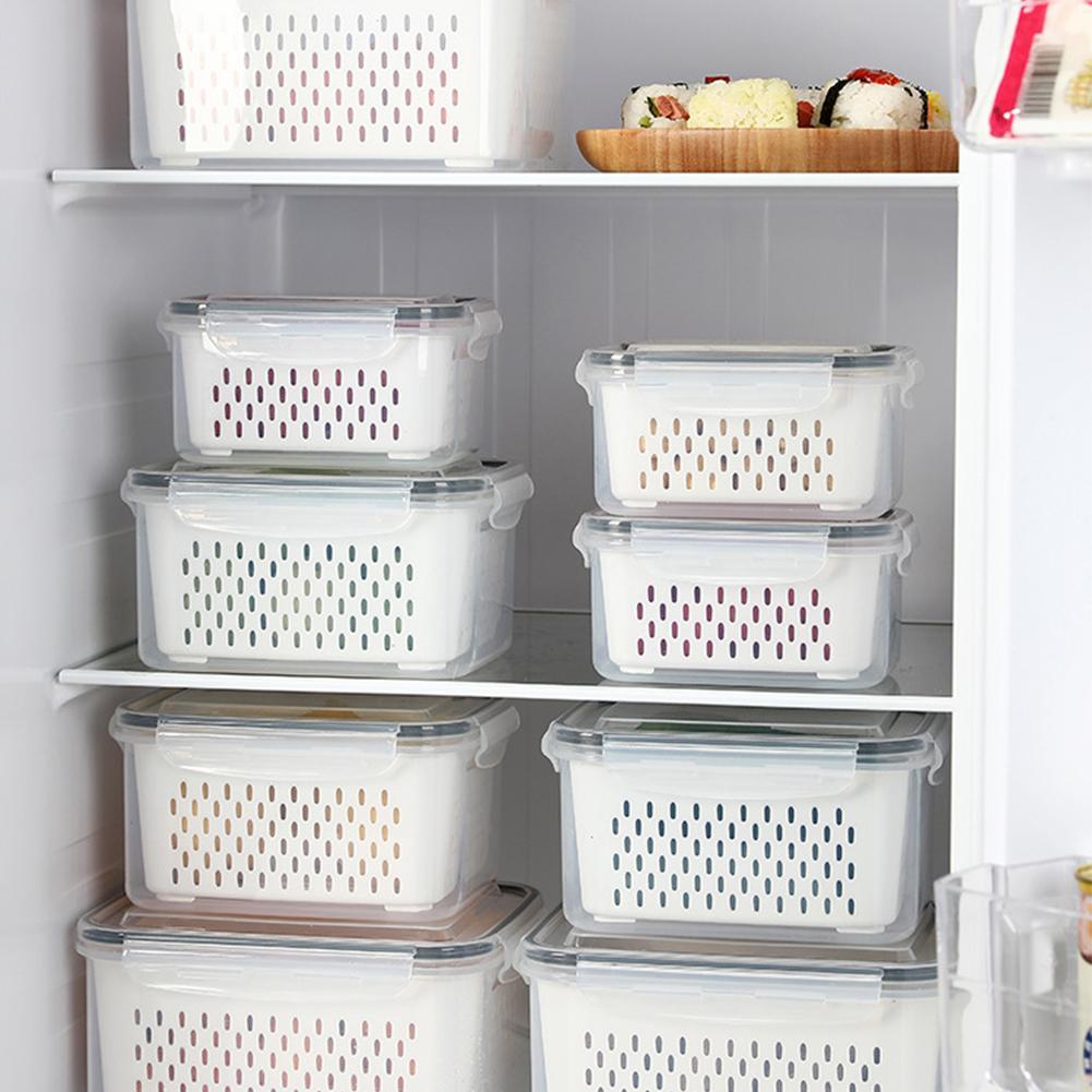 Vegetable and Fruit Refrigerator Storage Container with Drain Basket - Kitchen Pantry Organizer