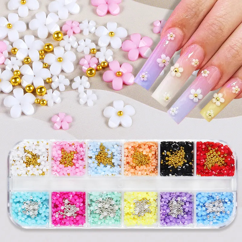 12 Grids 3D Acrylic Flower Nail Parts Decoration Mixed Steel Beads Gems Charms Kawaii Nail Supplies For Professional Accessories