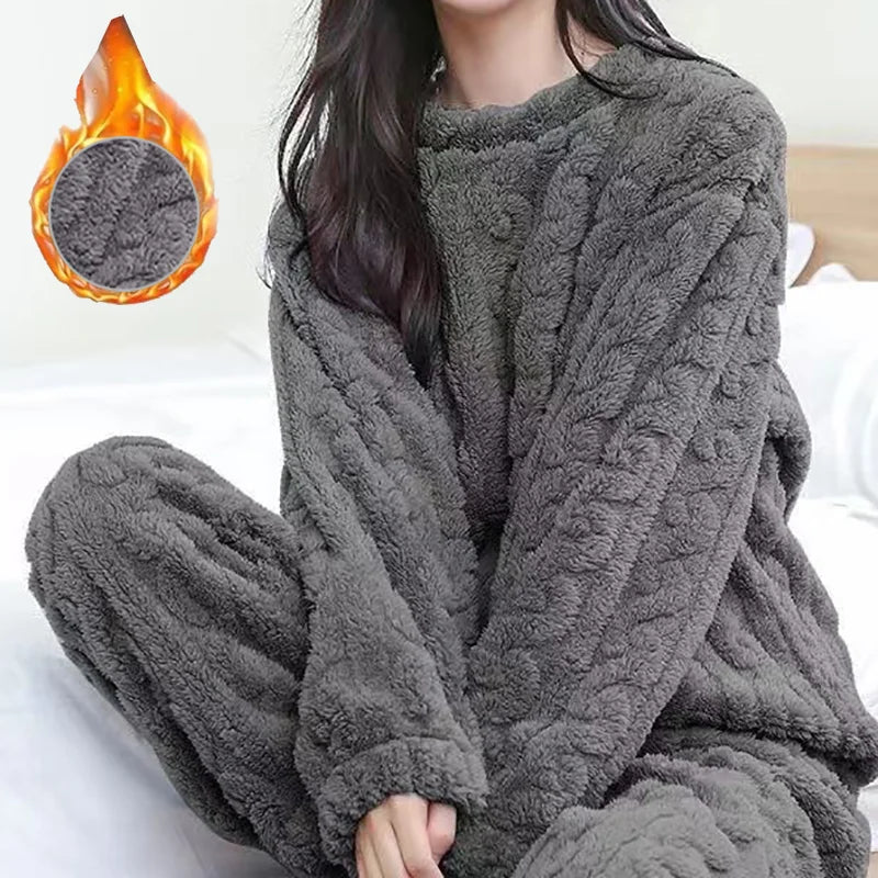 Autumn Women Solid Warm 2 Piece Sets Thicken Velvet Ribbed Fleece Set Pullover And Pants Women Casual Pajama Sets