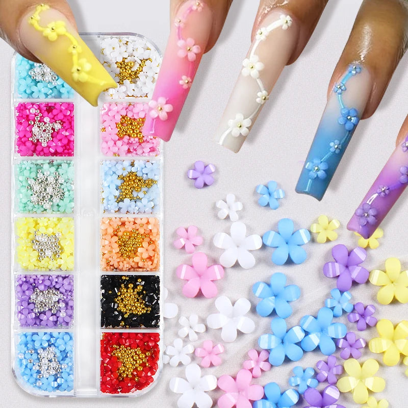 12 Grids 3D Acrylic Flower Nail Parts Decoration Mixed Steel Beads Gems Charms Kawaii Nail Supplies For Professional Accessories