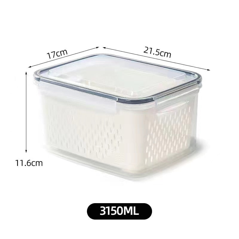 Vegetable and Fruit Refrigerator Storage Container with Drain Basket - Kitchen Pantry Organizer