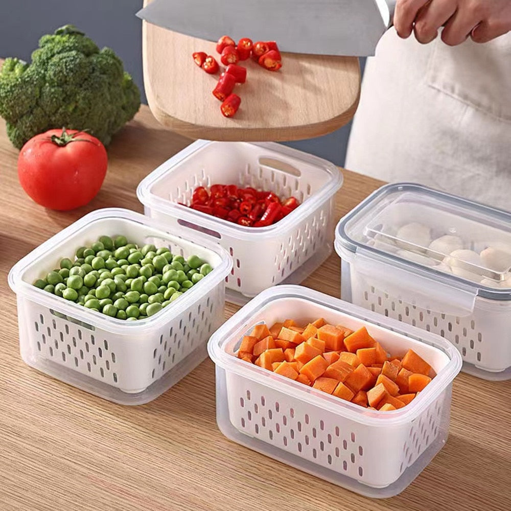 Vegetable and Fruit Refrigerator Storage Container with Drain Basket - Kitchen Pantry Organizer