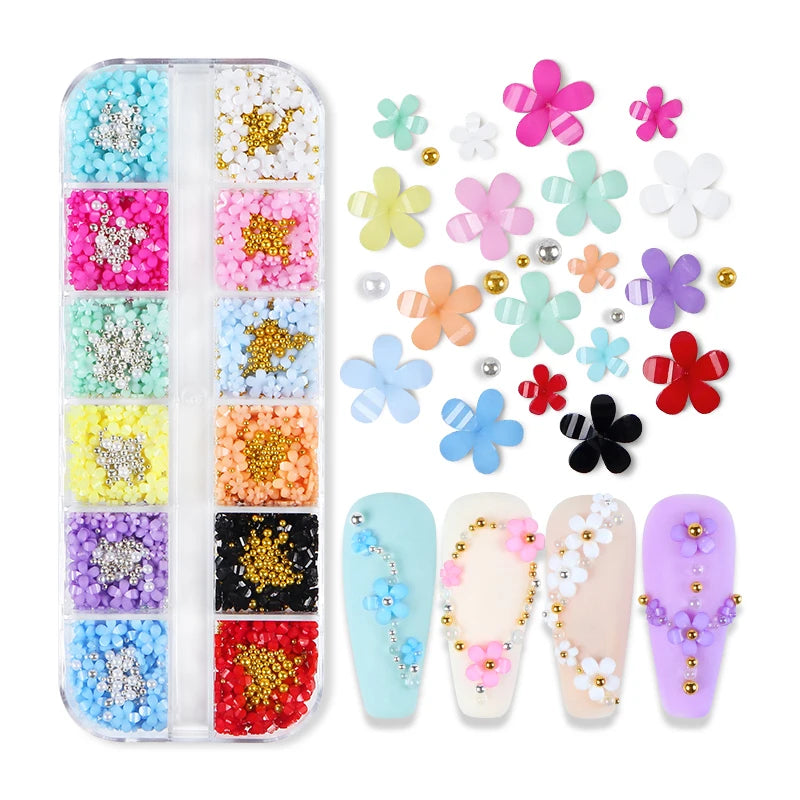 12 Grids 3D Acrylic Flower Nail Parts Decoration Mixed Steel Beads Gems Charms Kawaii Nail Supplies For Professional Accessories