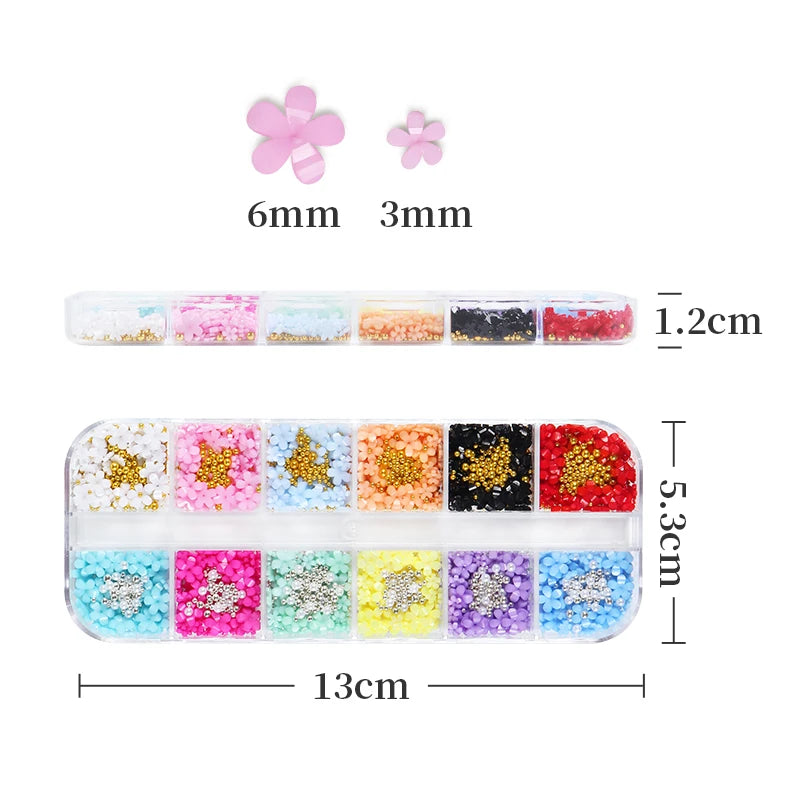 12 Grids 3D Acrylic Flower Nail Parts Decoration Mixed Steel Beads Gems Charms Kawaii Nail Supplies For Professional Accessories