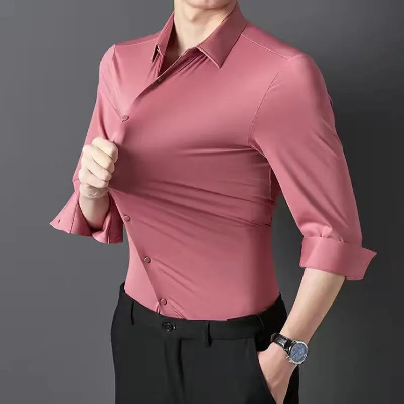 Men's shirt High elastic and traceless spring and autumn 2024 cotta new long-sleeved  slim spandex non-ironing business leisure