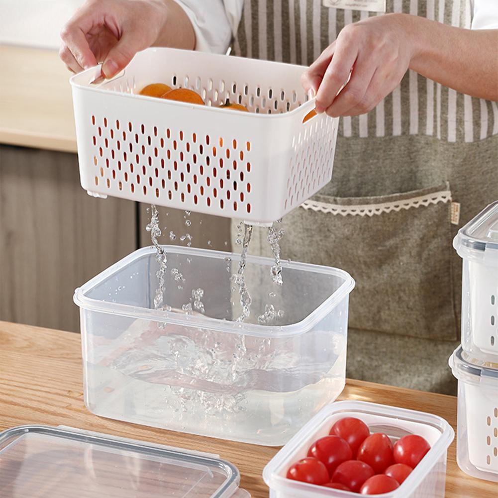 Vegetable and Fruit Refrigerator Storage Container with Drain Basket - Kitchen Pantry Organizer