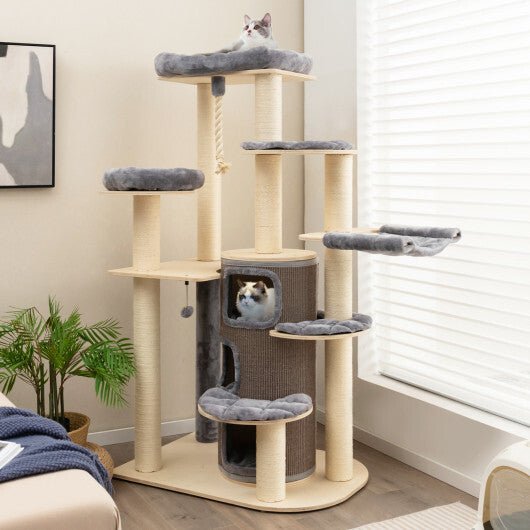 Multi-Level Cat Tree with 3-story Cat Condo-Gray - Color: Gray