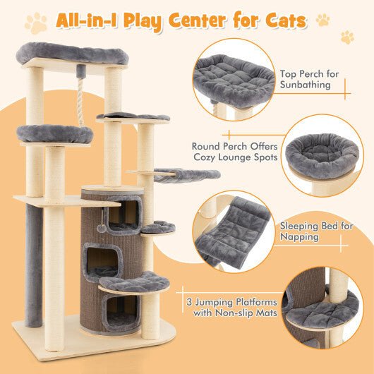 Multi-Level Cat Tree with 3-story Cat Condo-Gray - Color: Gray