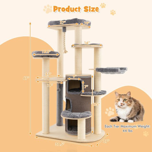 Multi-Level Cat Tree with 3-story Cat Condo-Gray - Color: Gray