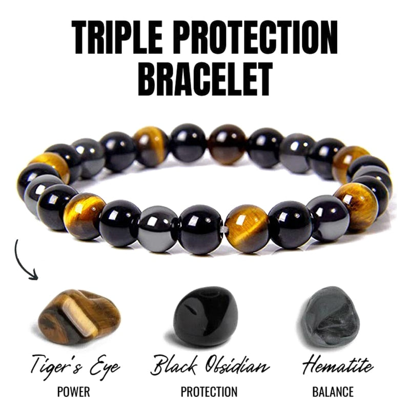 Good Luck Healing Energy Bracelet Tiger's Eye, Black Obsidian, Hematite Friendship Jewelry